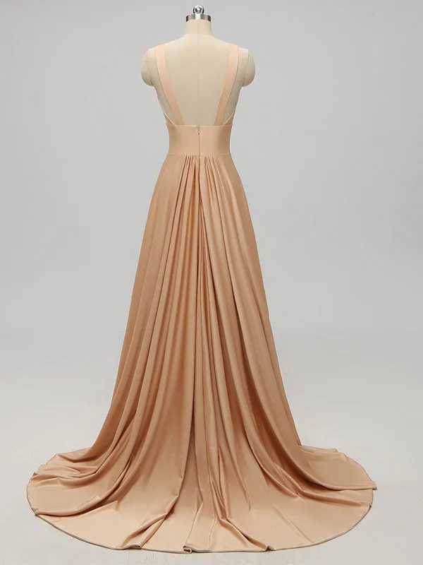 V-neck Side Slit Long Gold Bridesmaid Dresses,Sexy Bridesmaid Dresses,WGY0201