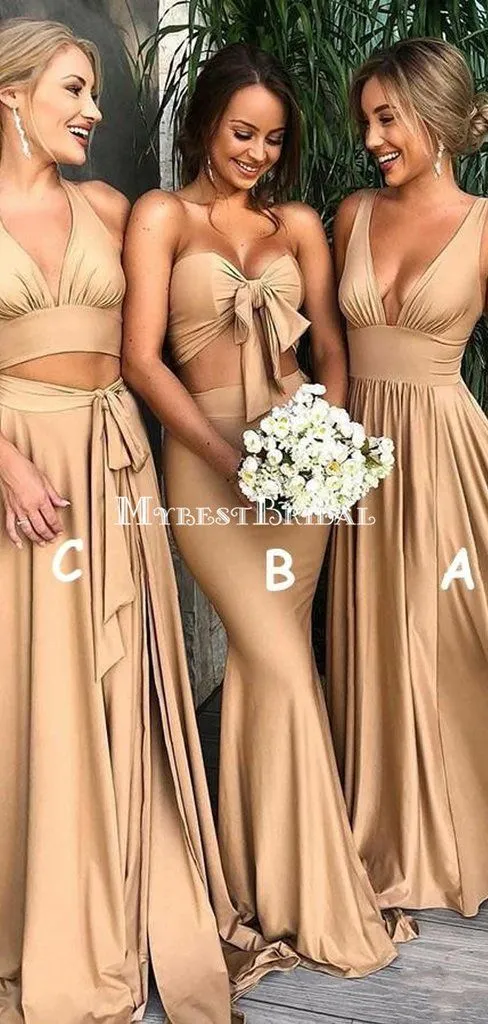 V-neck Side Slit Long Gold Bridesmaid Dresses,Sexy Bridesmaid Dresses,WGY0201