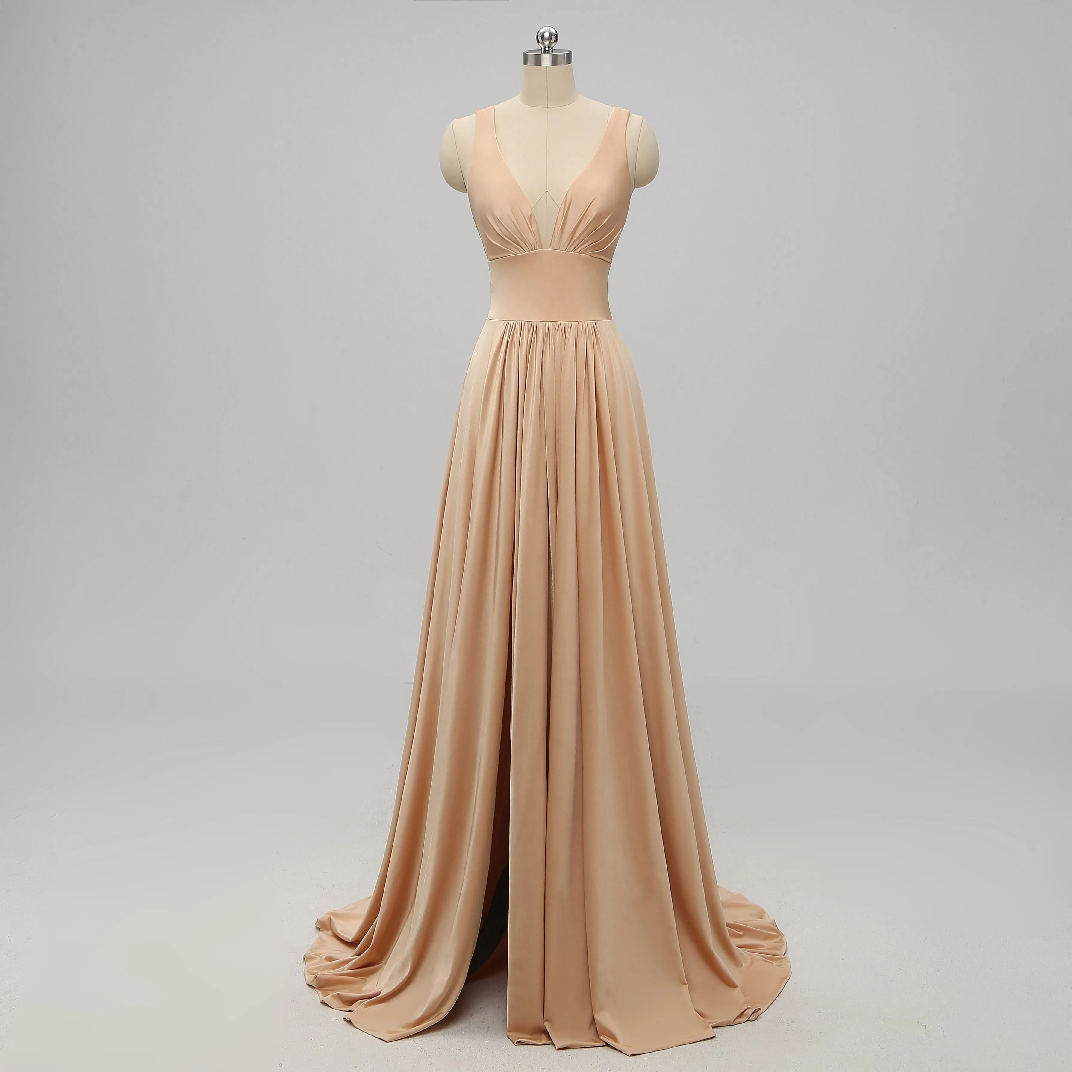 V-neck Side Slit Long Gold Bridesmaid Dresses,Sexy Bridesmaid Dresses,WGY0201