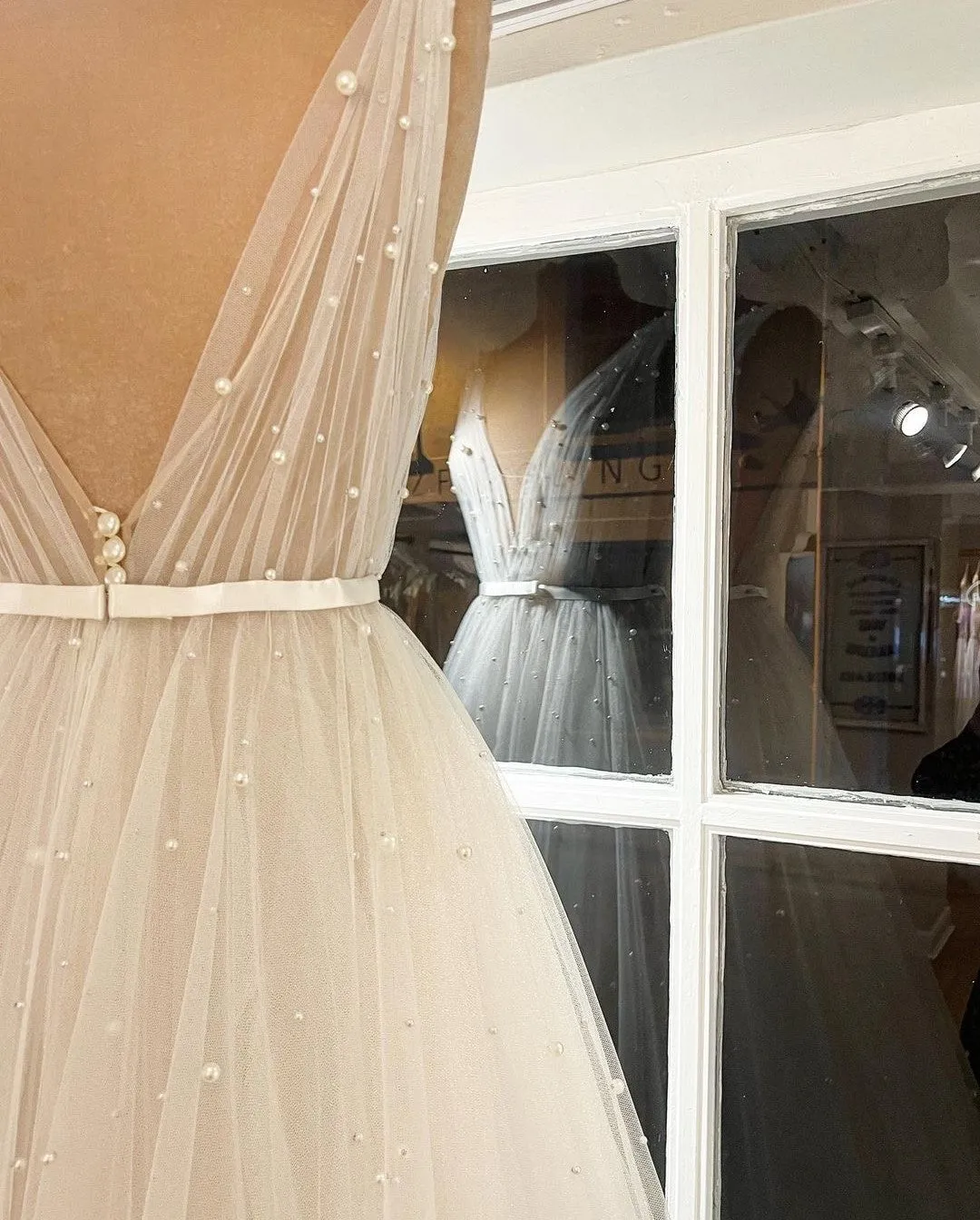 V-neckline Tulle Bridal Gown Full of Pearls