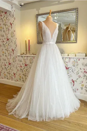 V-neckline Tulle Bridal Gown Full of Pearls