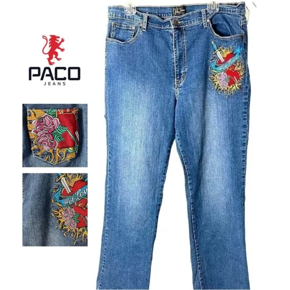 Vintage Paco “Hot Love” High Rise Embroidered, Relaxed Straight Leg Jeans, 18