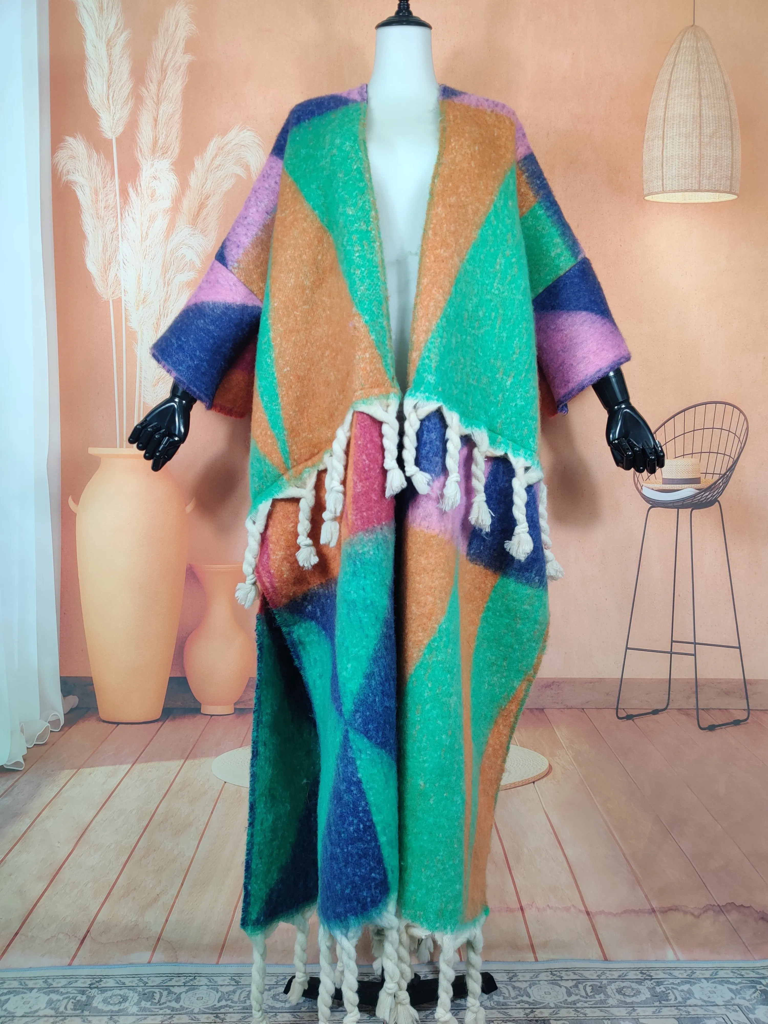 Warm, fuzzy long cardigans open in the front. Oversized African multicolored soft woolen coat