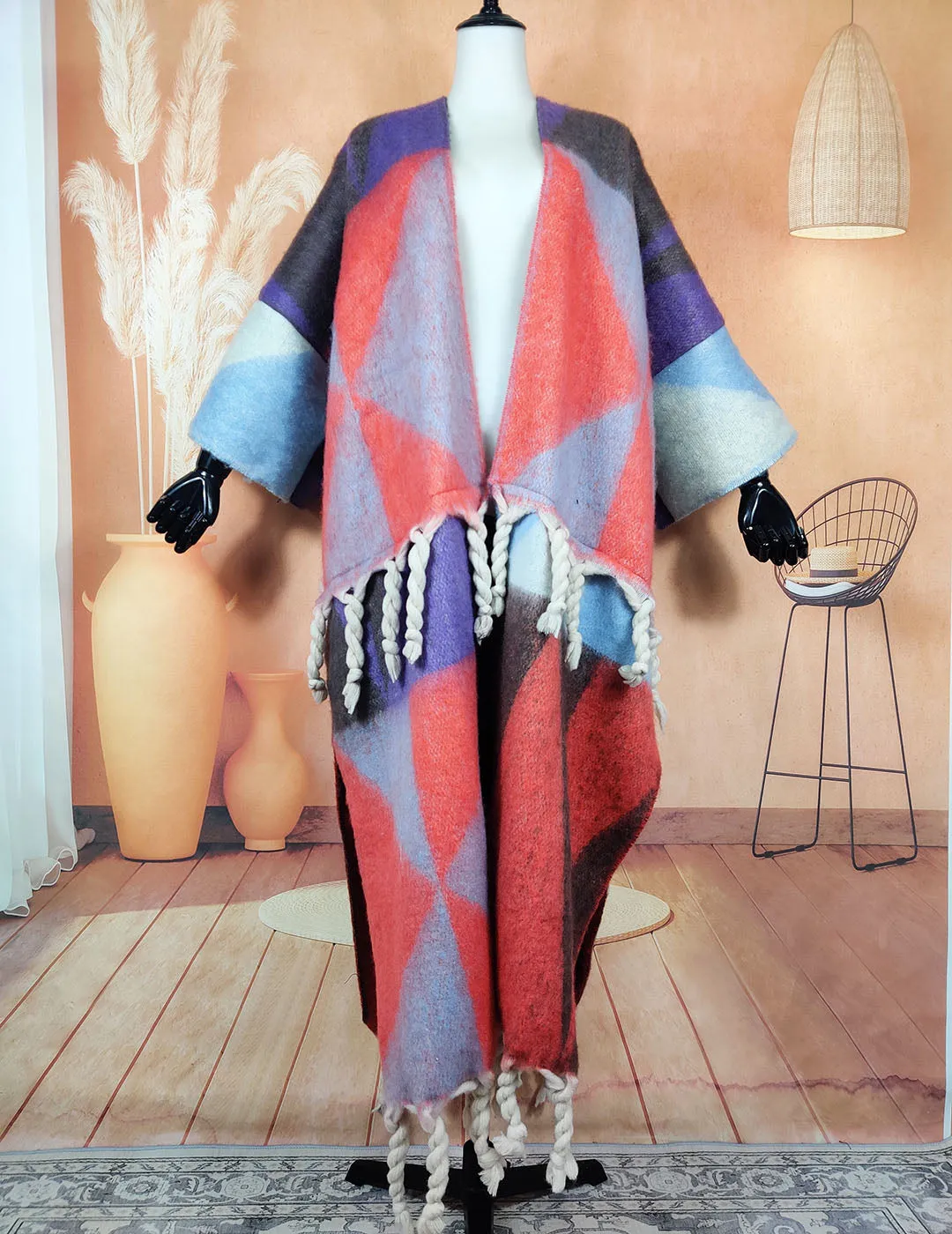 Warm, fuzzy long cardigans open in the front. Oversized African multicolored soft woolen coat