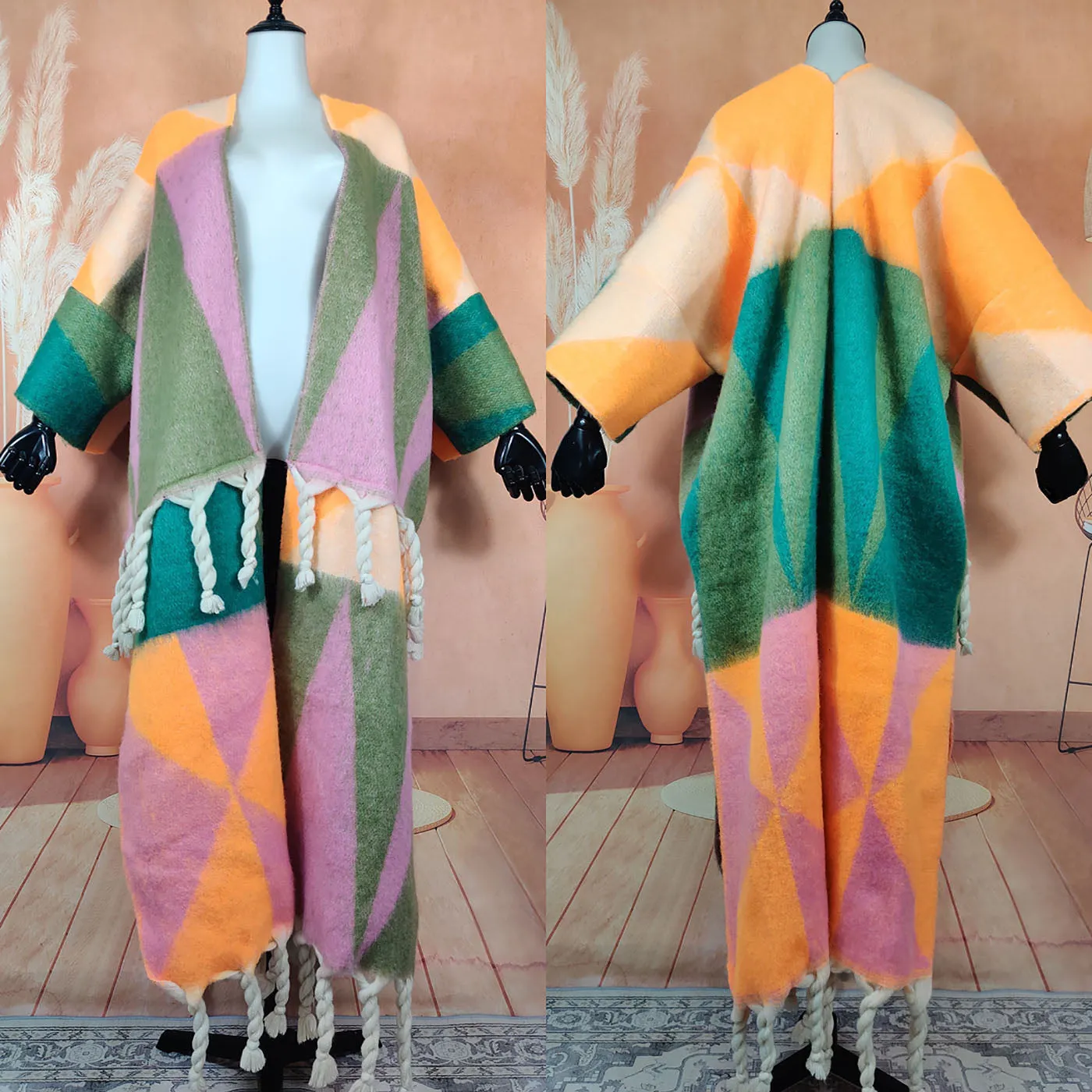 Warm, fuzzy long cardigans open in the front. Oversized African multicolored soft woolen coat