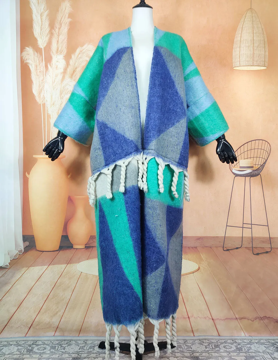 Warm, fuzzy long cardigans open in the front. Oversized African multicolored soft woolen coat