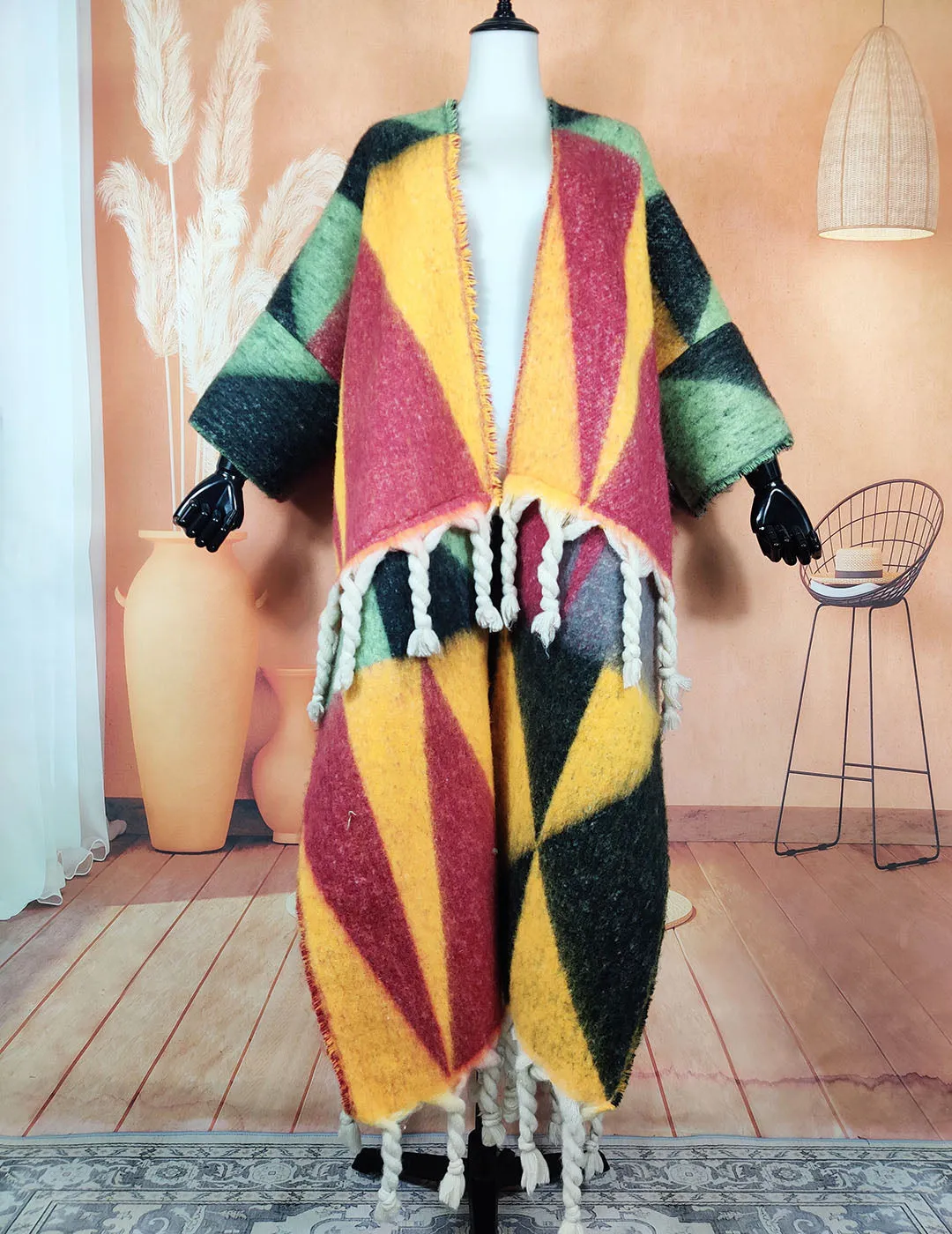 Warm, fuzzy long cardigans open in the front. Oversized African multicolored soft woolen coat