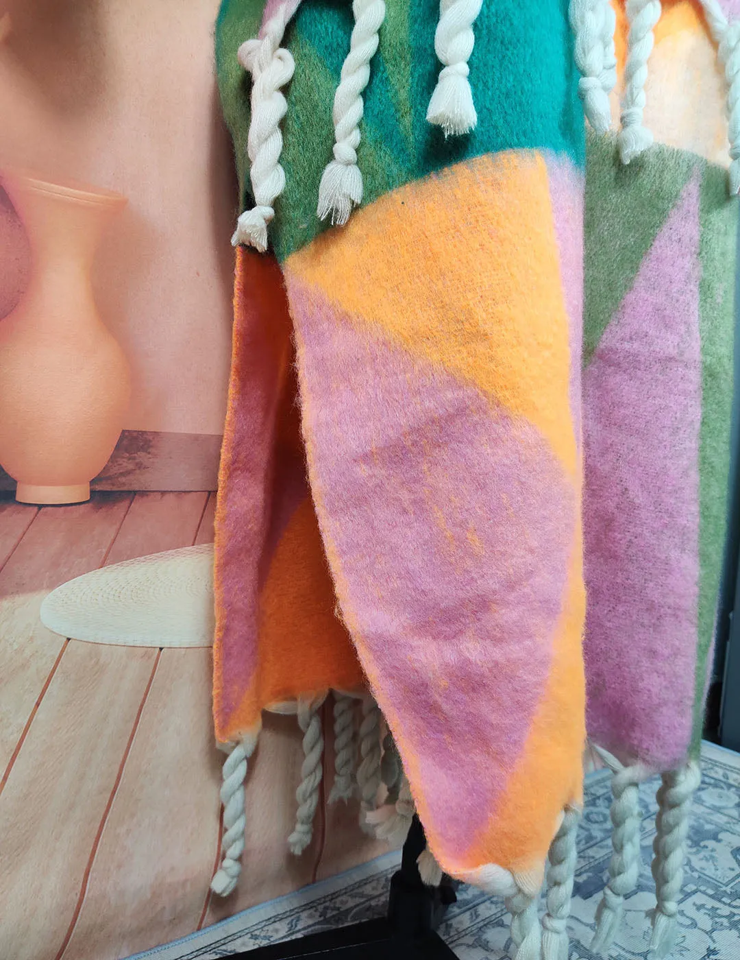 Warm, fuzzy long cardigans open in the front. Oversized African multicolored soft woolen coat
