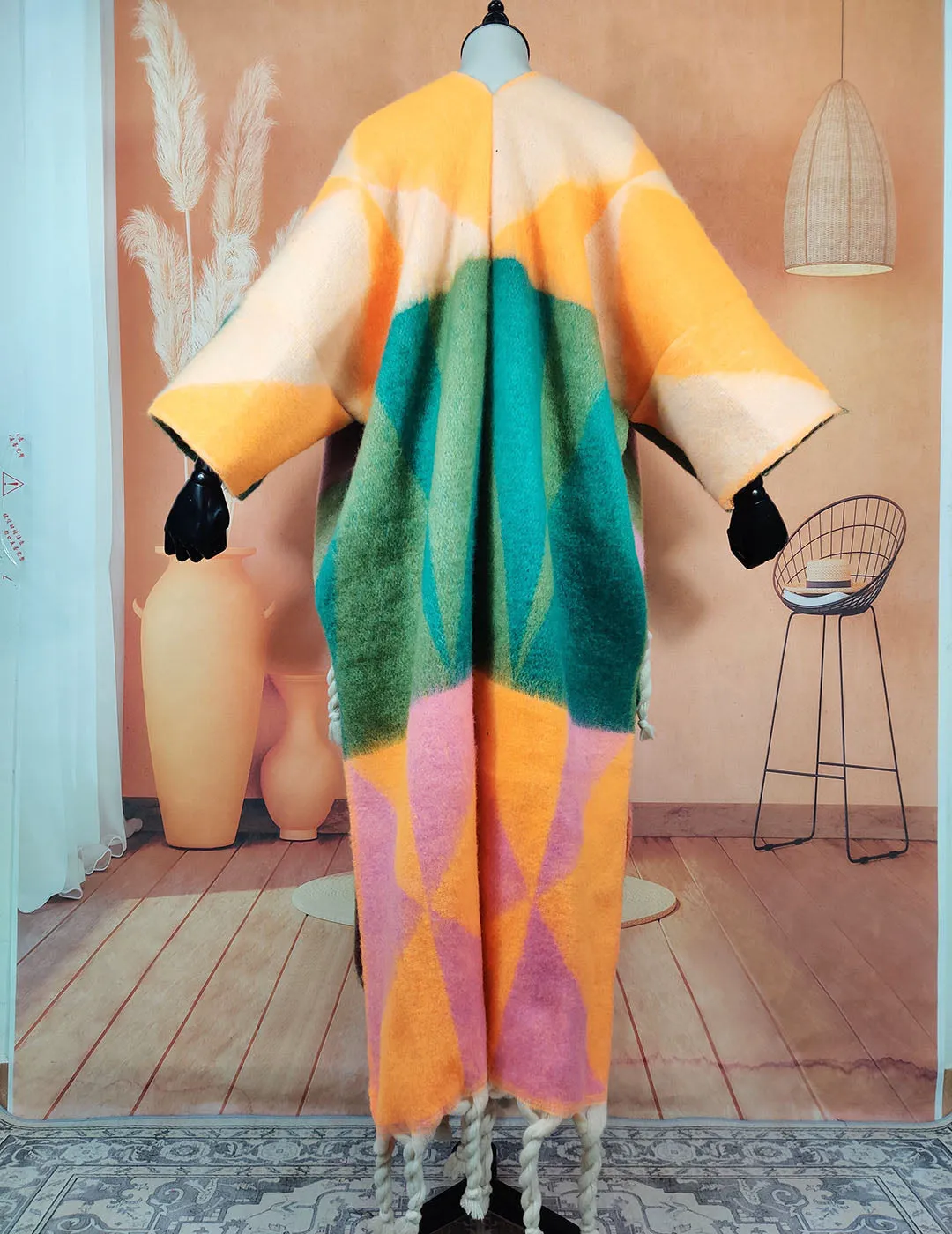 Warm, fuzzy long cardigans open in the front. Oversized African multicolored soft woolen coat