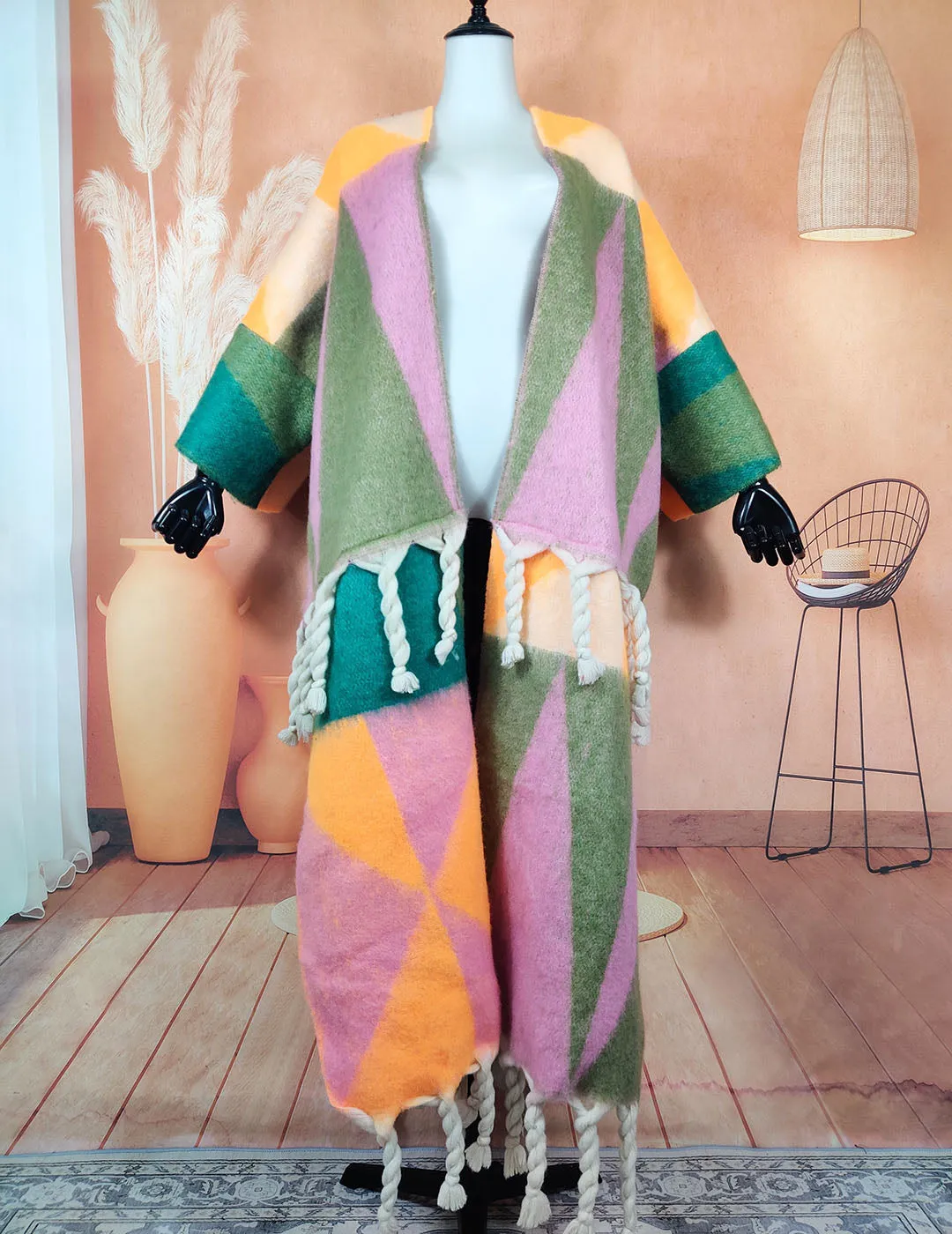 Warm, fuzzy long cardigans open in the front. Oversized African multicolored soft woolen coat