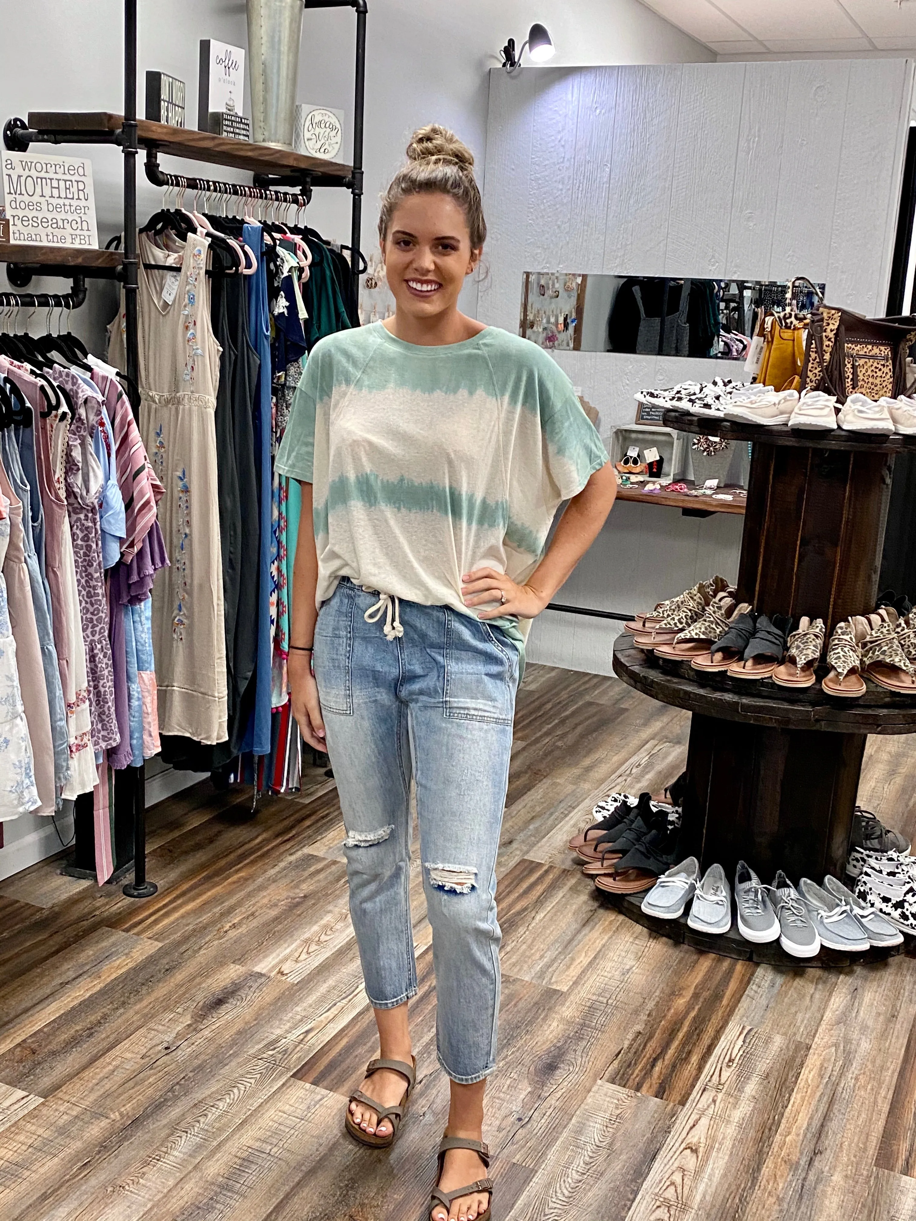 Washed Boyfriend Drawstring Jeans