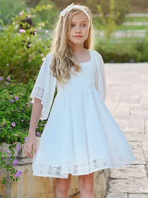 White Square Neck Polyester Short Sleeves Short A-Line Kids Social Party Dresses