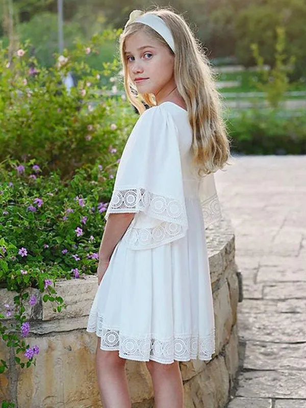 White Square Neck Polyester Short Sleeves Short A-Line Kids Social Party Dresses
