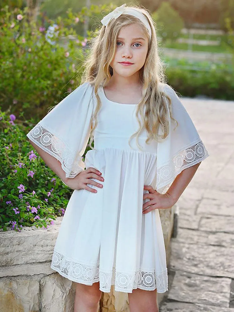 White Square Neck Polyester Short Sleeves Short A-Line Kids Social Party Dresses