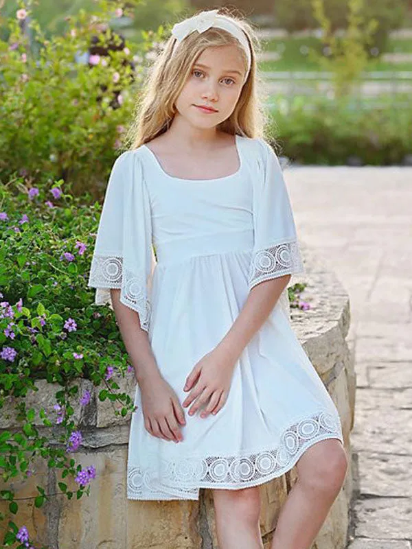 White Square Neck Polyester Short Sleeves Short A-Line Kids Social Party Dresses