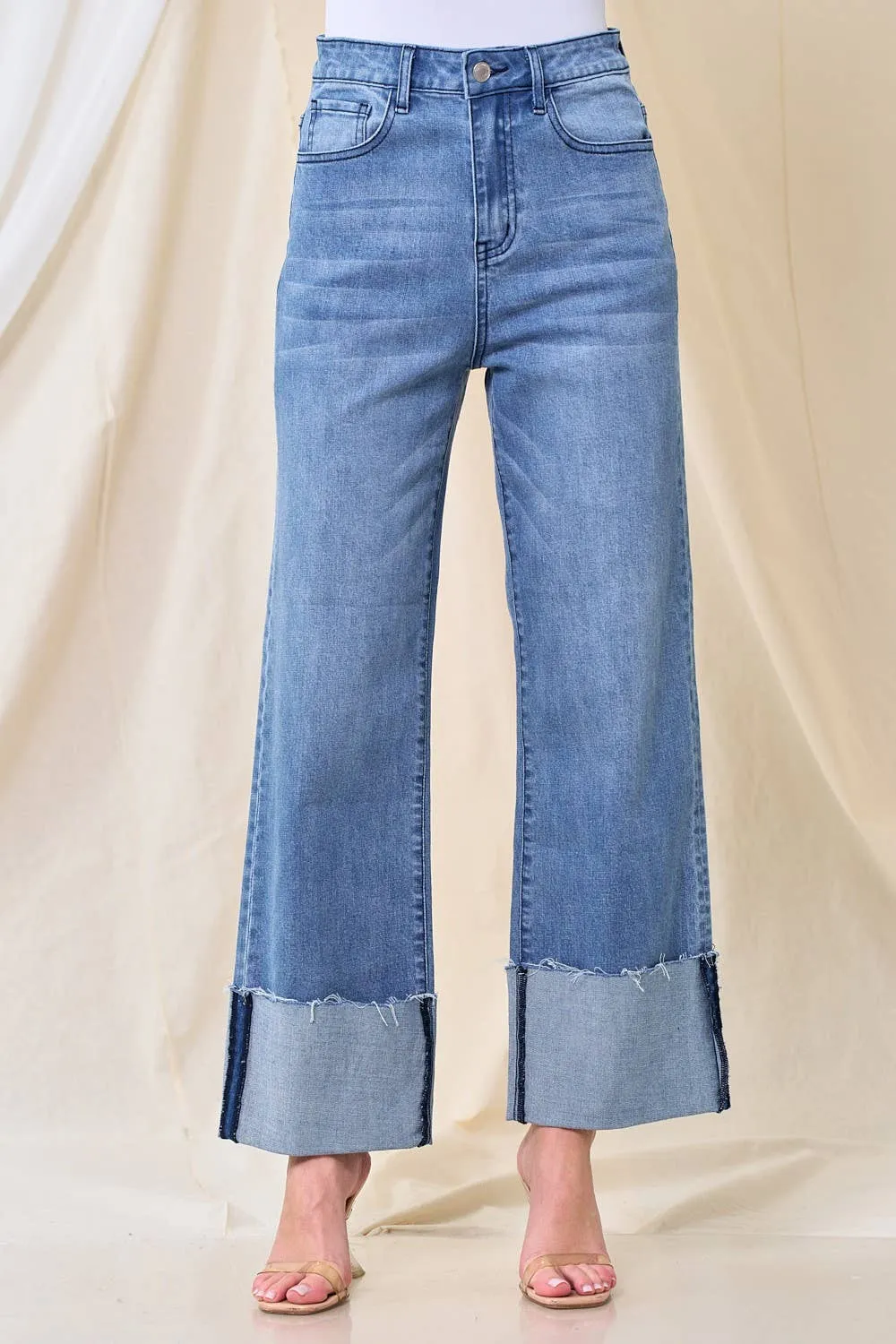 Wide Leg Boyfriend Fit Cuffed Jeans