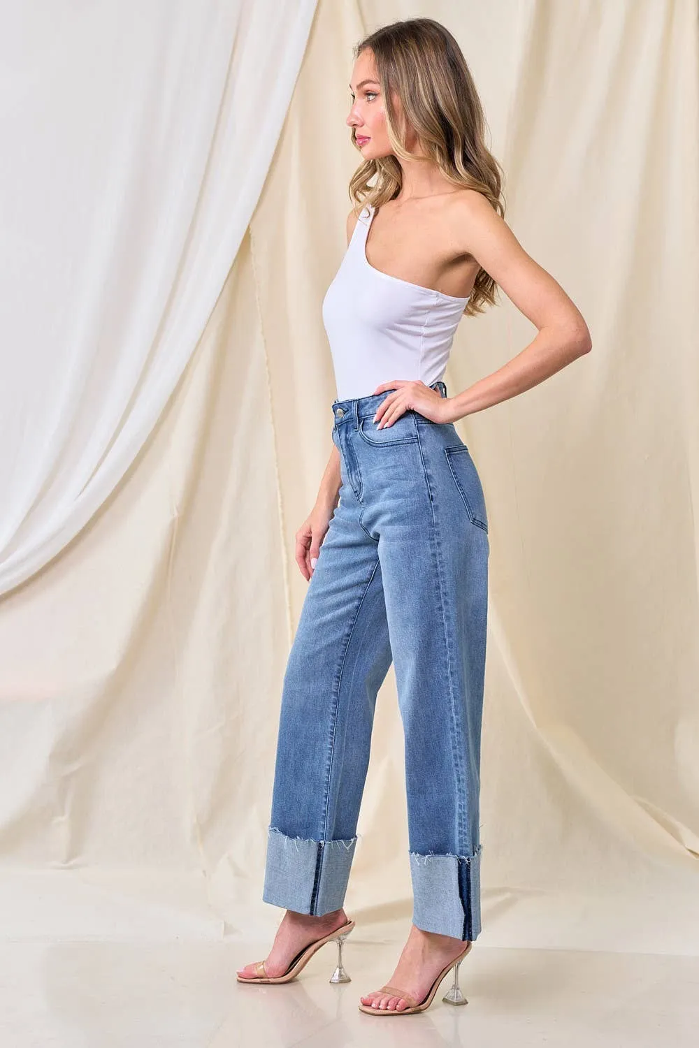 Wide Leg Boyfriend Fit Cuffed Jeans