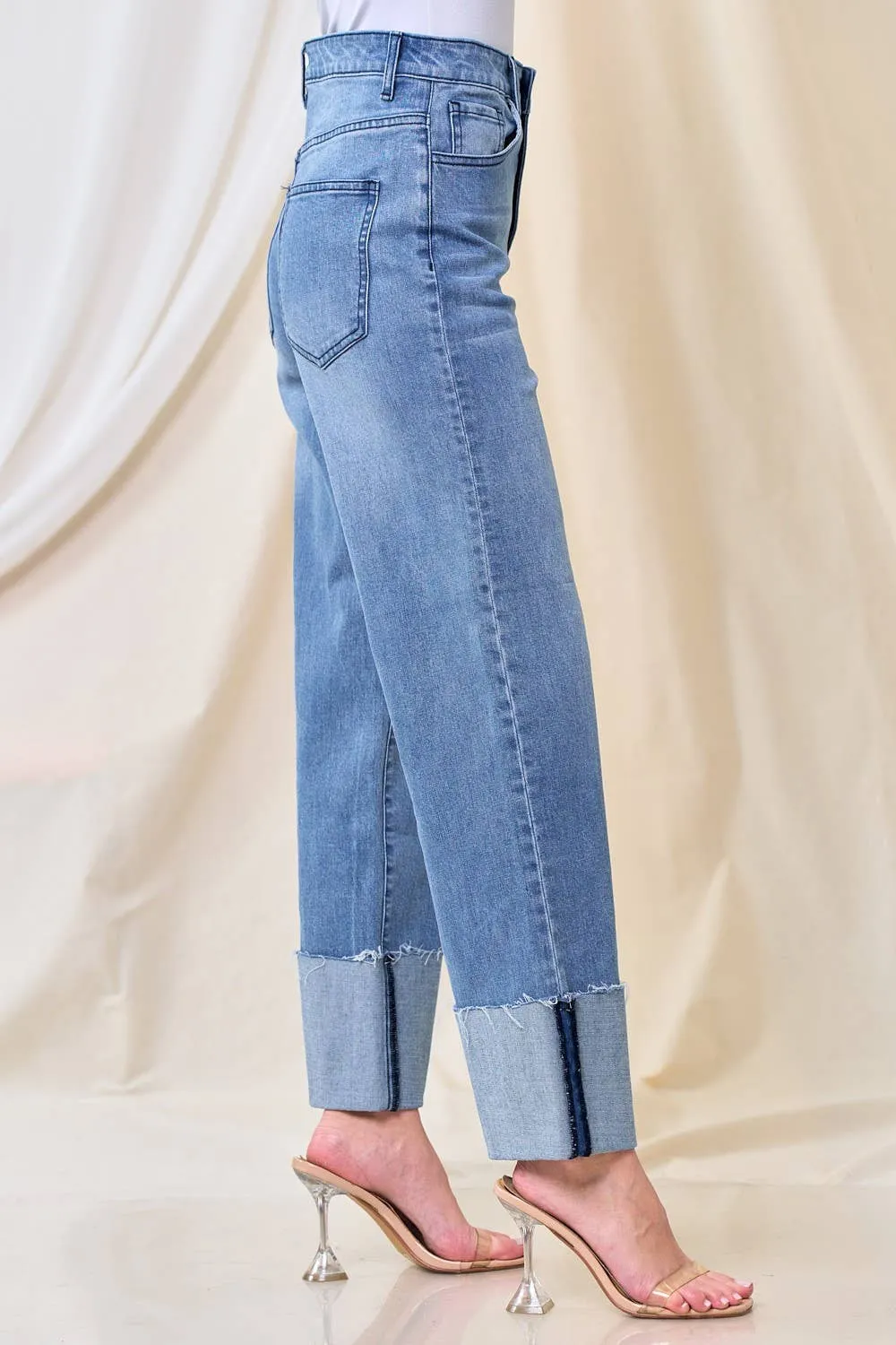 Wide Leg Boyfriend Fit Cuffed Jeans