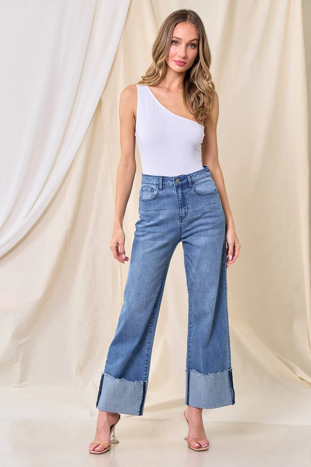 Wide Leg Boyfriend Fit Cuffed Jeans