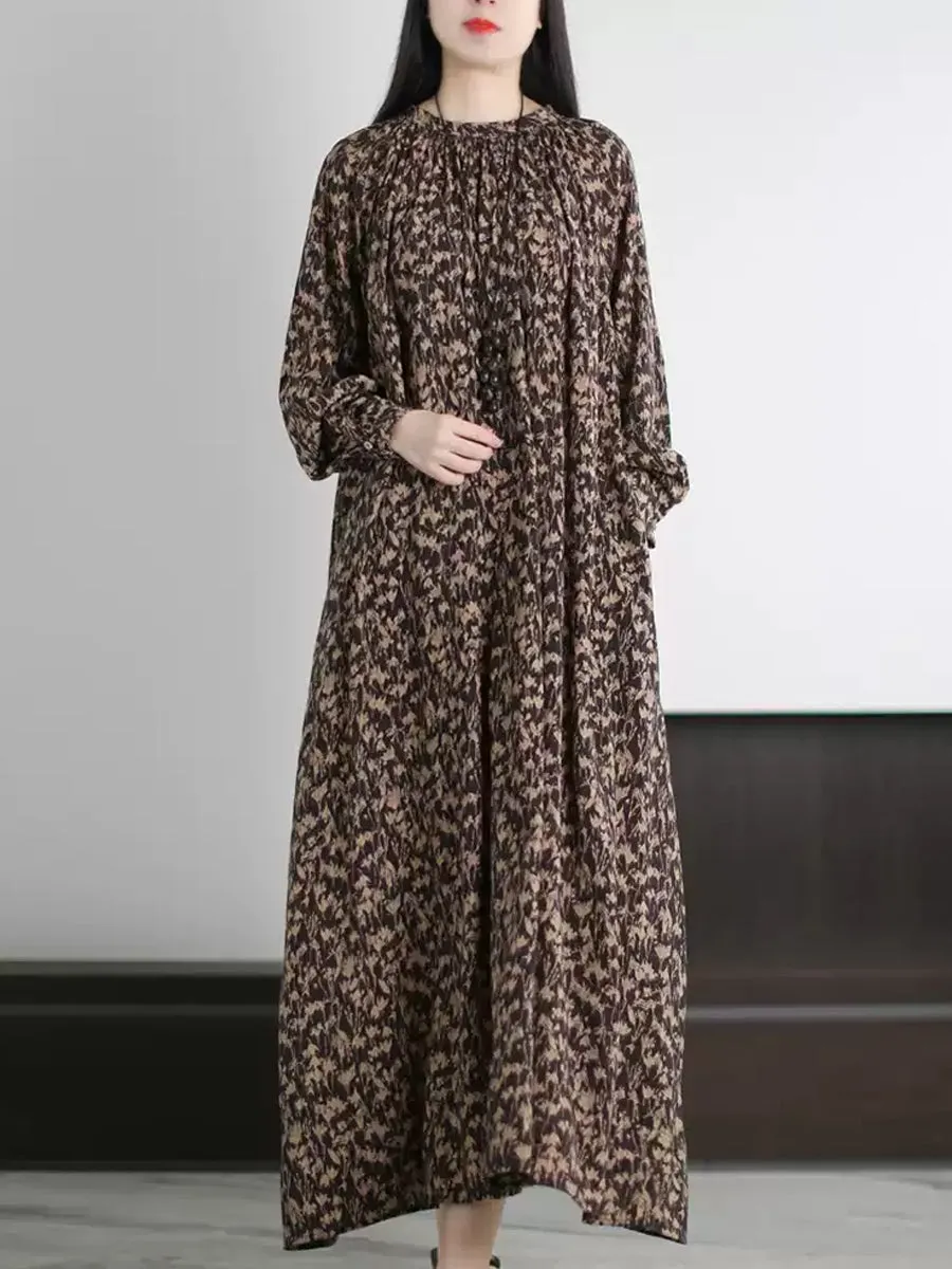Women Spring Artsy Floral O-Neck Loose Dress