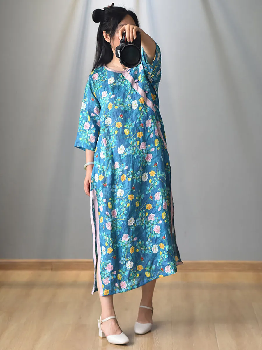 Women Summer Vintage Floral Buckle Spliced Split Hem Dress