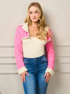 WOMEN'S LONG SLEEVE BUTTON CLOSURE SHERPA CROP JACKET