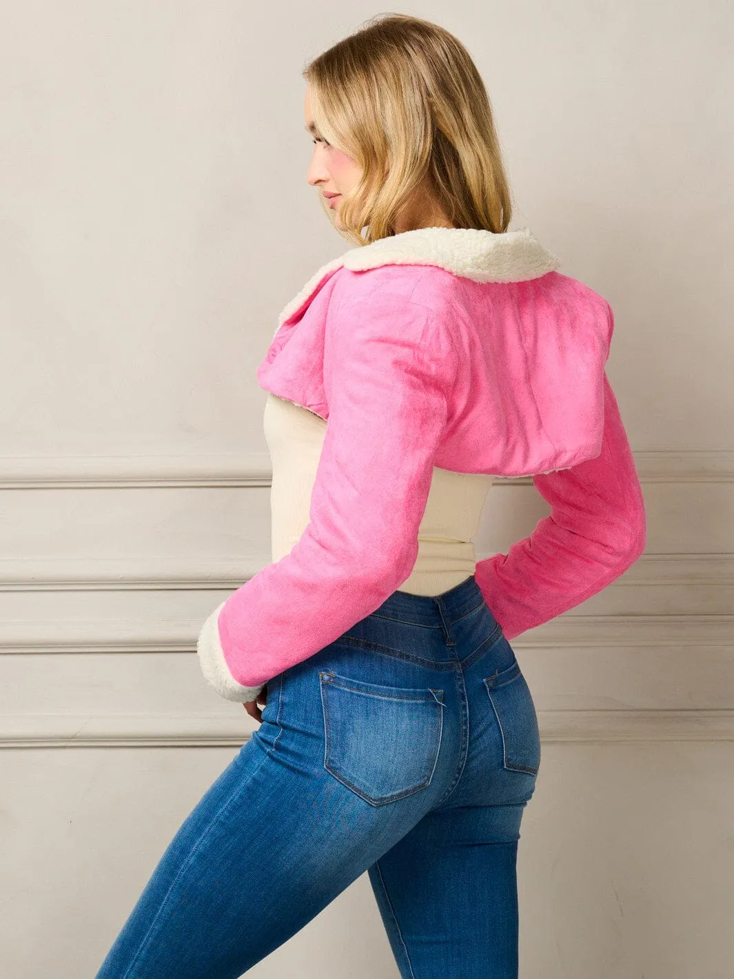 WOMEN'S LONG SLEEVE BUTTON CLOSURE SHERPA CROP JACKET