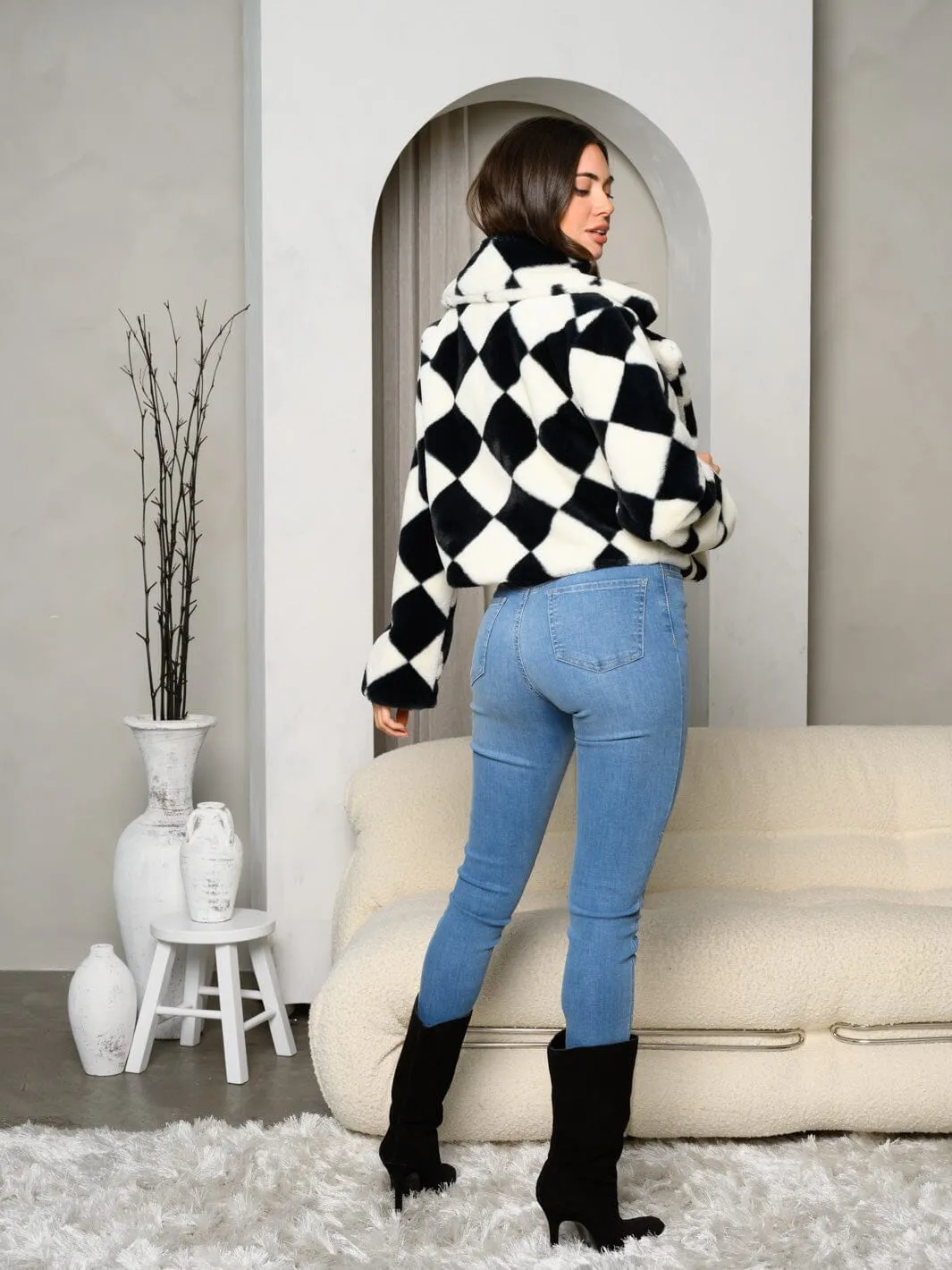 WOMEN'S LONG SLEEVE COLORBLOCK SQUARE PRINT OPEN FRONT JACKET