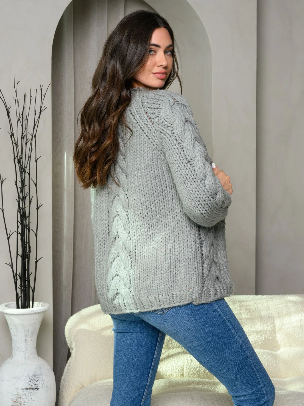 WOMEN'S LONG SLEEVE KNIT DETAILED SWEATER CARDIGAN