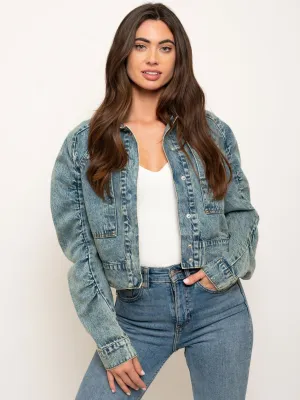 WOMEN'S RUCHED SLEEVES DENIM JACKET