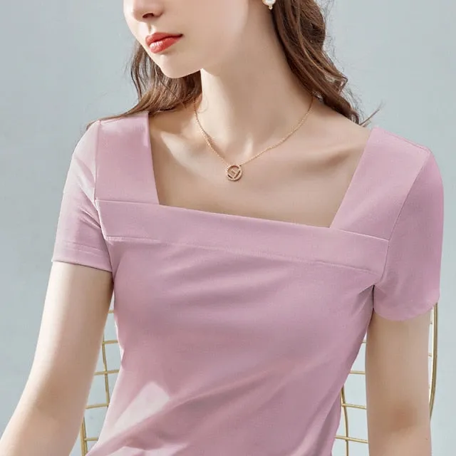 women's solid color square neck T-shirt