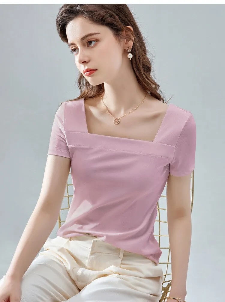 women's solid color square neck T-shirt