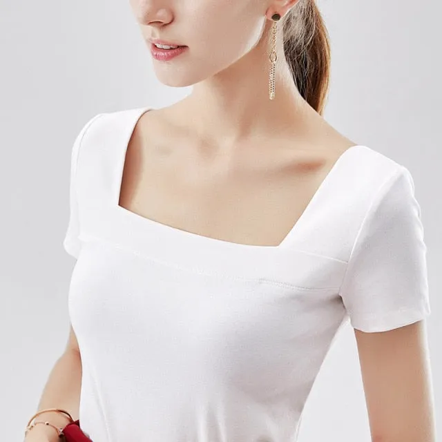 women's solid color square neck T-shirt