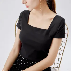 women's solid color square neck T-shirt