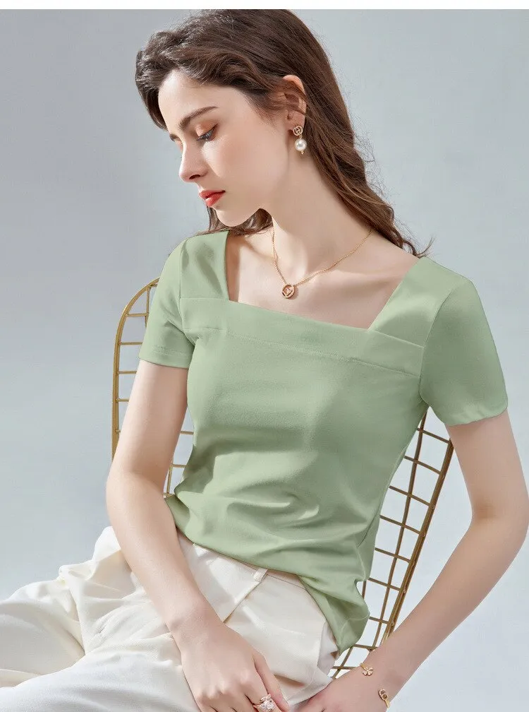 women's solid color square neck T-shirt