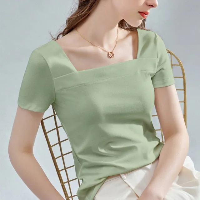 women's solid color square neck T-shirt