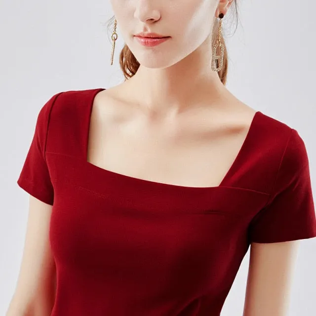 women's solid color square neck T-shirt