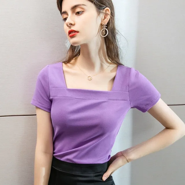 women's solid color square neck T-shirt