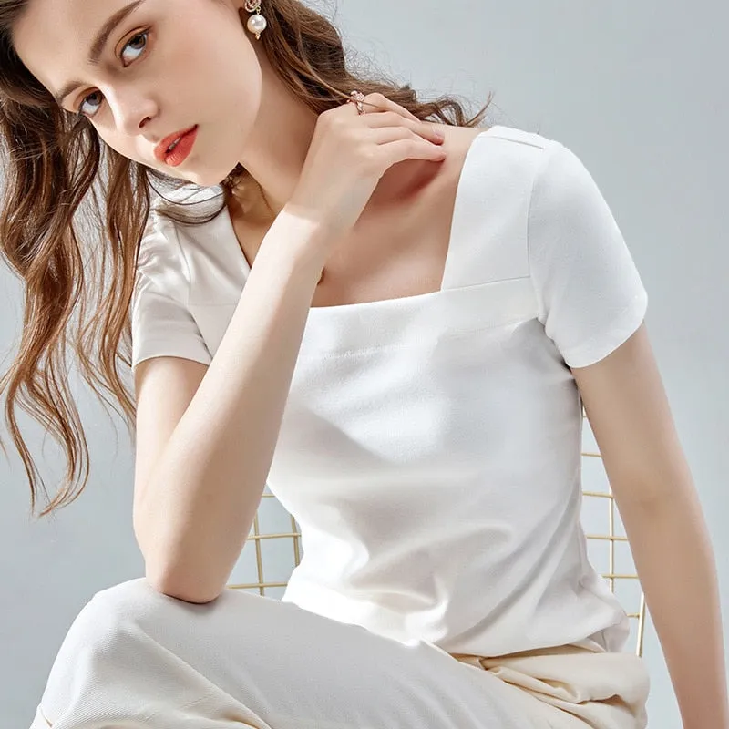 women's solid color square neck T-shirt