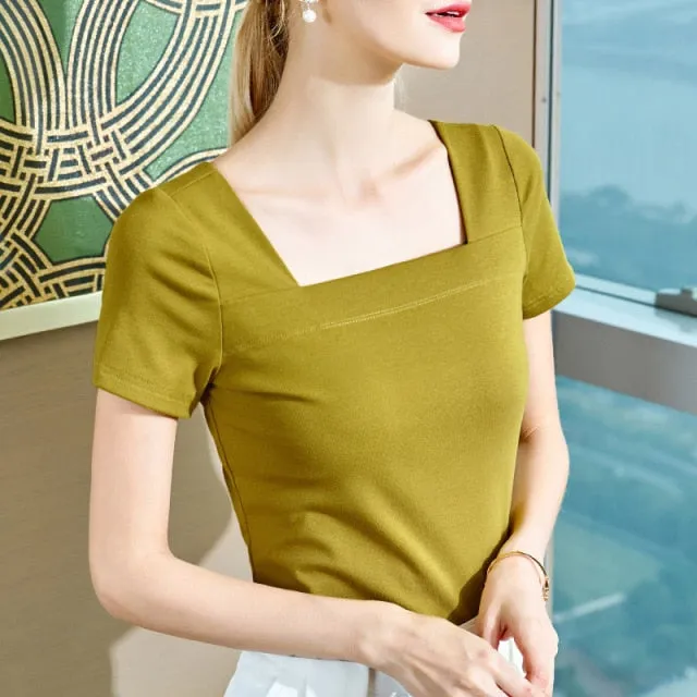 women's solid color square neck T-shirt